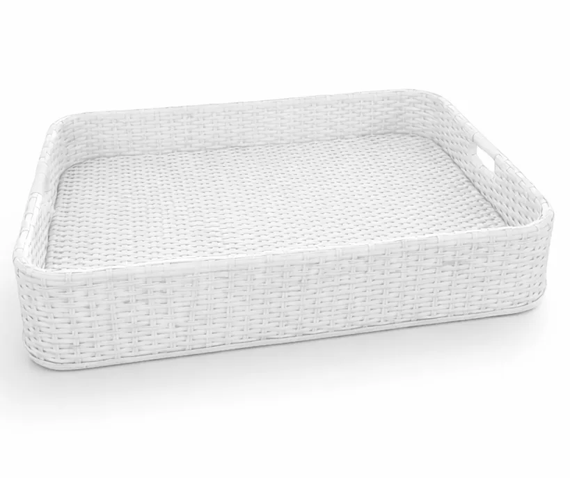 Large Rectangular White Rattan Pool Tray