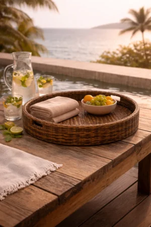 Round Dark Wicker Pool Tray (4)