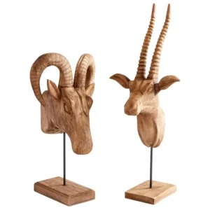 Alpine and Ibex Wooden Sculpture Duo